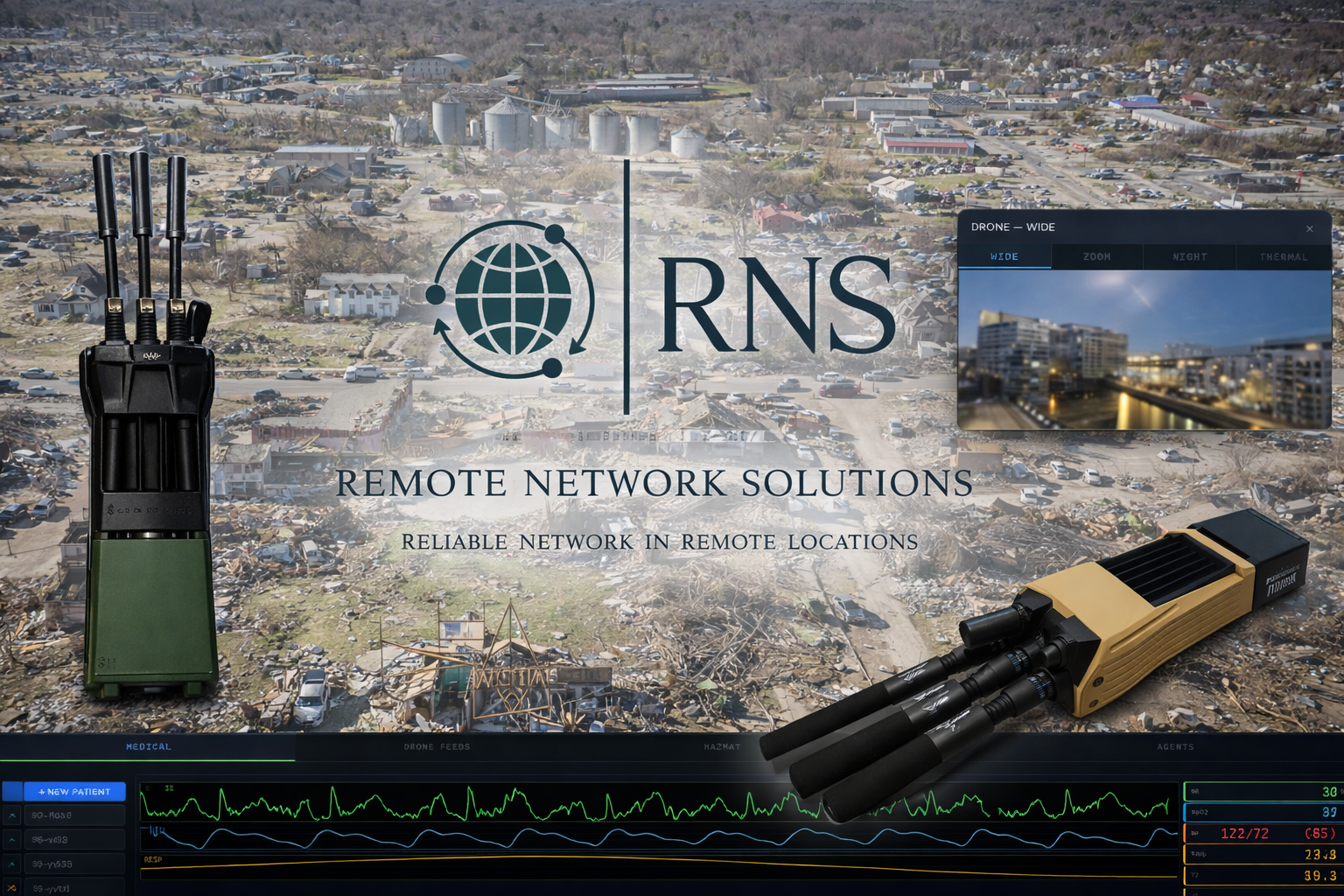RNS mesh radios deployed in disaster zone — MorosX MX88 MANET radios with drone feed and patient monitoring overlay